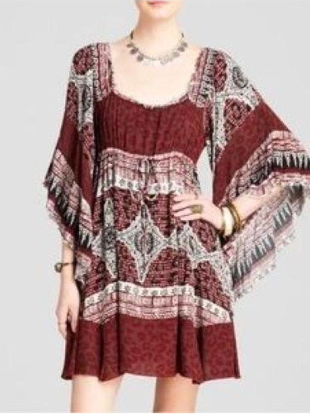 Free People Maroon Boho Printed Mini Dress with Cream Accents Smoke Free home
